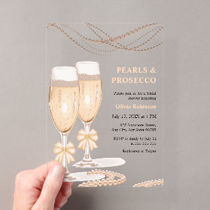 Elegante Goldene Bogen Perlen und Prosecco-Brautpa Acryleinladungen
