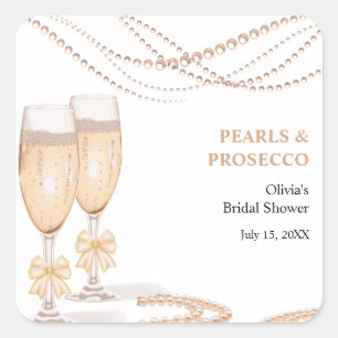 Elegante Goldene Bogen Perlen und Prosecco Brautpa Quadratischer Aufkleber