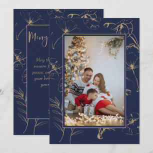 Elegante goldene botanische tiefblaue Weihnachtsfo Feiertagskarte