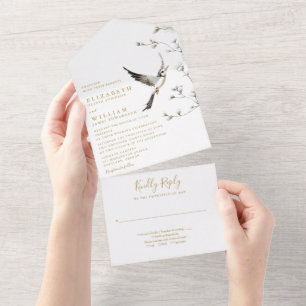 Elegante goldene Chinoiserie Blumengarten Hochzeit All In One Einladung