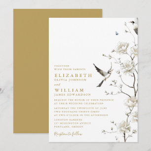 Elegante goldene Chinoiserie-Blumengarten-Hochzeit Einladung