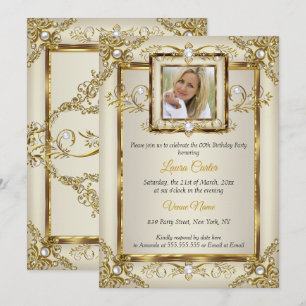 Elegante Goldene Creme Perlmutt Damast Foto Geburt Einladung