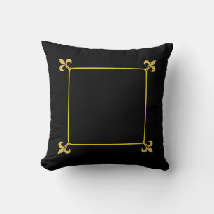 Elegante goldene Fleur-de-Lis-Blumen auf Schwarz Kissen