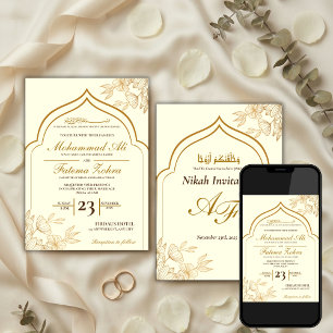 Elegante goldene florale Masjid-Muslim-Hochzeit Ni Einladung