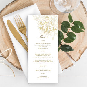 Elegante goldene florale Pfingstrosen-Hochzeit Menükarte