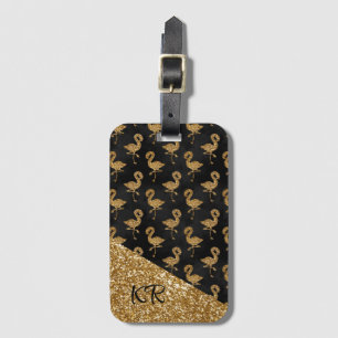 Elegante goldene Glitter-Flamingos mit Monogramm Gepäckanhänger