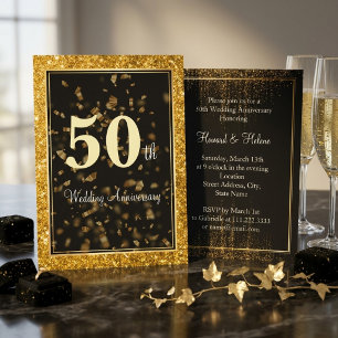 Elegante goldene Glitter-Schwarze Hochzeitsjubiläu Einladung