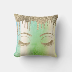 Elegante goldene Glitterie-Lashes, Tropfen grün Kissen