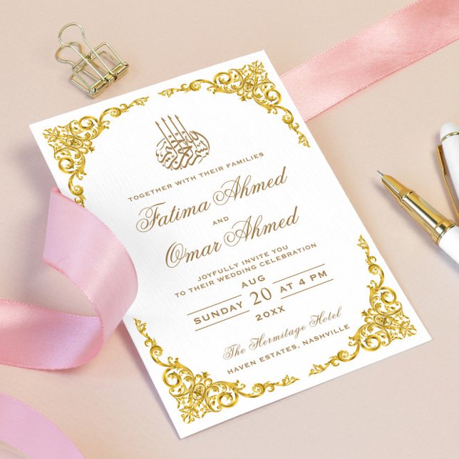 Elegante goldene Grenze Weiße islamische Hochzeit Einladung (Von Creator hochgeladen)