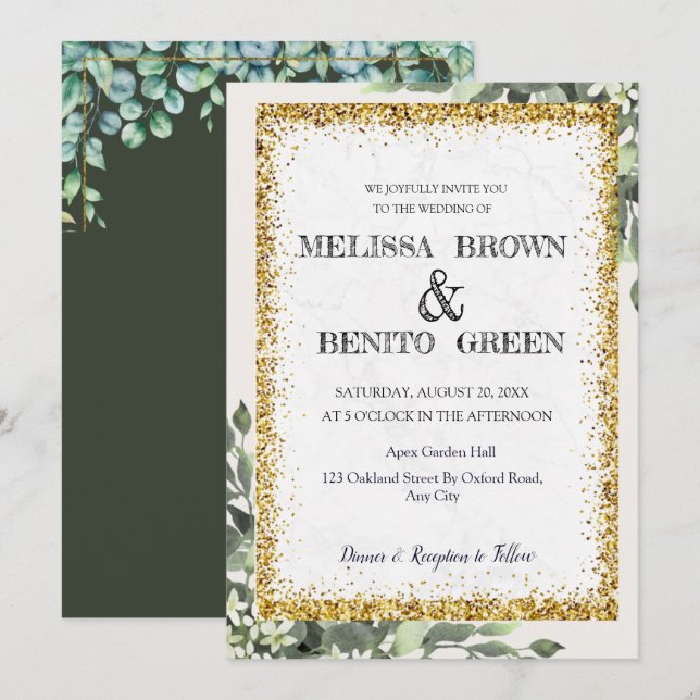 Elegante goldene Grüne Wasserfarbenhochzeit Einladung (Vorne/Hinten)