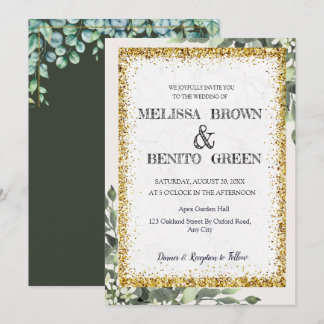 Elegante goldene Grüne Wasserfarbenhochzeit Einladung