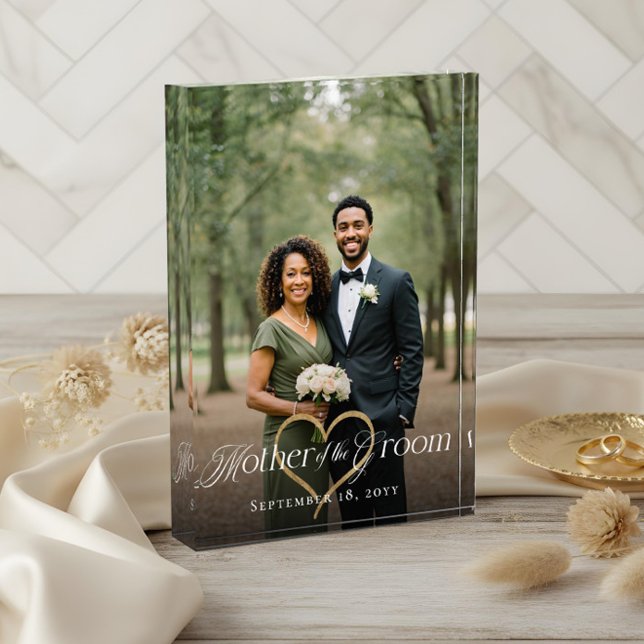 Elegante Goldene Herzmutter des Groom Keepake Fotoblock (Elegant Gold Heart Mother of the Groom Keepsake Photo Block)