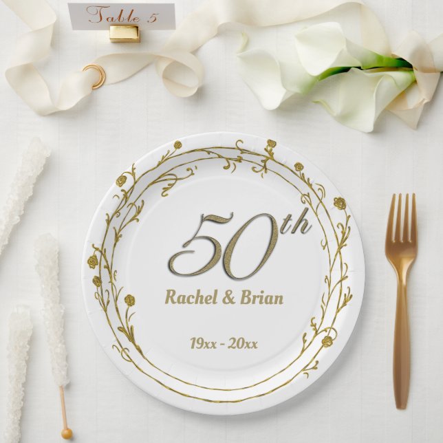 Elegante goldene Jubiläumszeitung-Teller Pappteller (Hochzeit)
