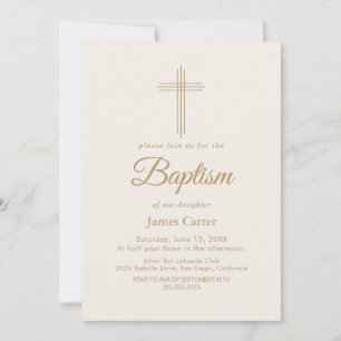 Elegante Goldene Kalligrafie Creme Kreuz Taufe  Einladung