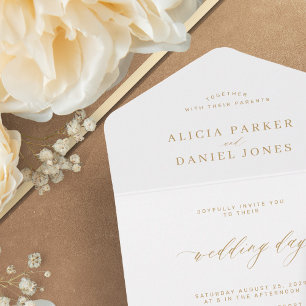 Elegante goldene Kalligrafie-Hochzeit All In One Einladung