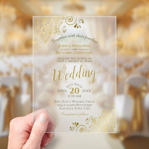 Elegante goldene Kalligrafie-Zierde Hochzeit Acryleinladungen