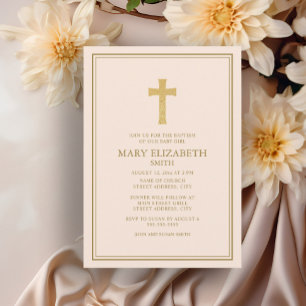 Elegante goldene Kreuz Rosa Baby Mädchen Taufe Einladung