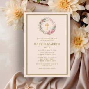 Elegante goldene Kreuz-Rosa-Blumen-Taufkleid für B Einladung