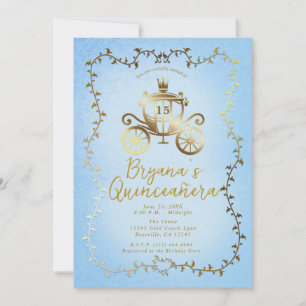 Elegante Goldene Kutsche Blaue Geschichte Quinceañ Einladung