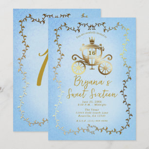 Elegante Goldene Kutsche Blaue Geschichte Süße 16 Einladung