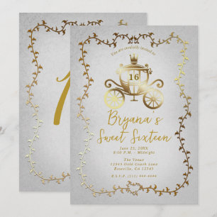 Elegante Goldene Kutsche Weiße Geschichte Sweet 16 Einladung