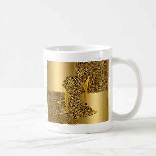 Elegante goldene Leoparden-Hochhackenschuhe Tier Kaffeetasse