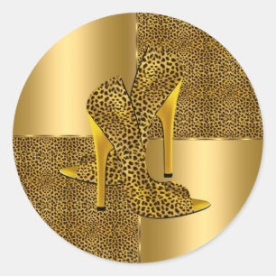 Elegante goldene Leoparden-Hochhackenschuhe Tier Runder Aufkleber