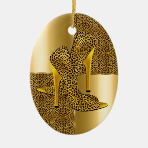 Elegante goldene Leoparden-Hochhackerschuhe Tier Keramik Ornament