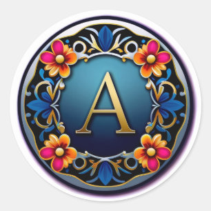 Elegante Goldene Letter A Medaille mit floralem Kr Runder Aufkleber