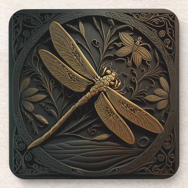 Elegante Goldene Libelle Getränkeuntersetzer (Vorderseite)
