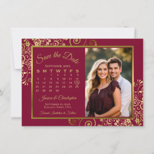 Elegante goldene Locken Burgunderrot Kalender Foto Save The Date
