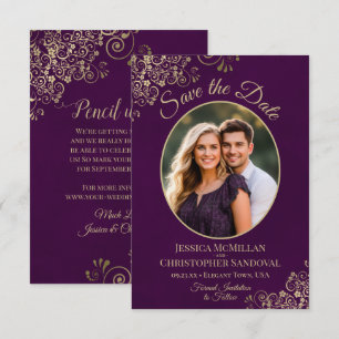 Elegante goldene Locken Ovale Foto Pflaume Lila Ho Save The Date