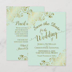 Elegante goldene Locken und Schwünge auf mintgrüne Save The Date