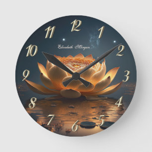 Elegante Goldene Lotus, Dunkel, Yoga   Runde Wanduhr