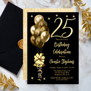 Elegante Goldene Luftballons auf schwarzer 25. Geb Einladung