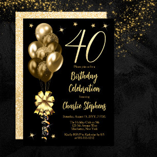 Elegante Goldene Luftballons auf schwarzer 40. Geb Einladung