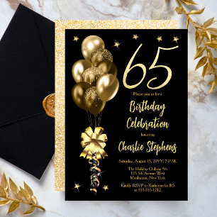 Elegante Goldene Luftballons zur schwarzen 65. Geb Einladung