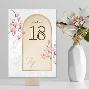 Elegante goldene Magnolien-Hochzeit-Tischnummer-Ka Tischnummer