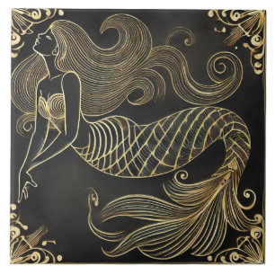 Elegante Goldene Meerjungfrau Art Deco Fliese