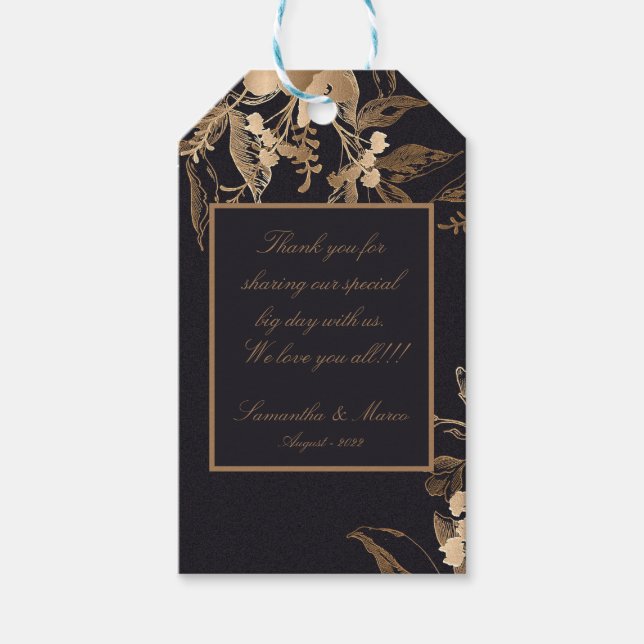 Elegante goldene Metallische Rose Blumenhochzeit Geschenkanhänger (Vorderseite)