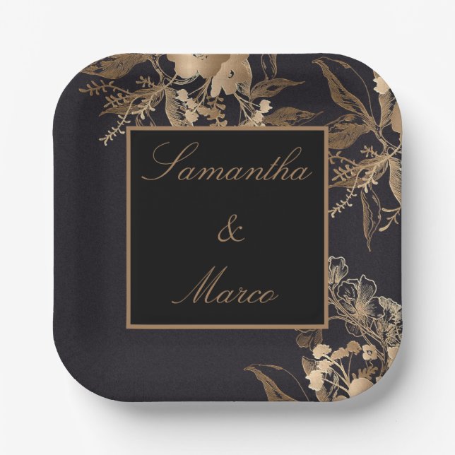 Elegante goldene Metallische Rose Blumenhochzeit Pappteller (Vorderseite)