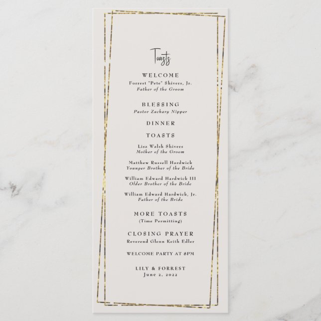 Elegante goldene, neutrale Hochzeitstoasts Menükarte (Vorderseite)