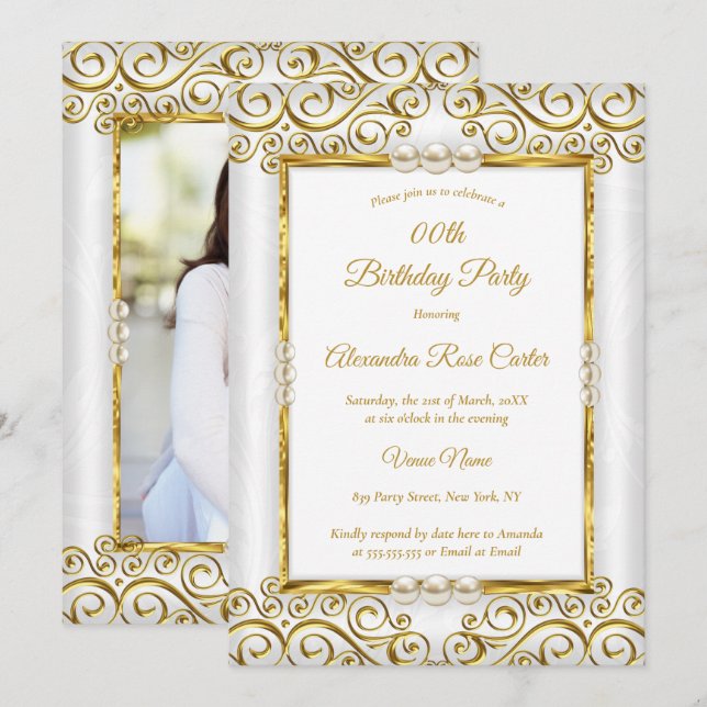 Elegante Goldene Perle Foto Geburtstagsparty Einladung (Vorne/Hinten)