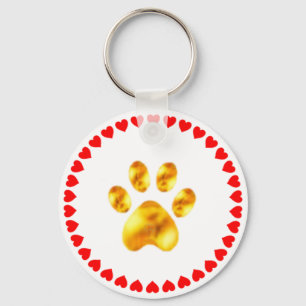 Elegante goldene Pfote mit Herzen auf Weiß Schlüsselanhänger