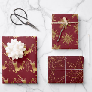 Elegante Goldene Rentiere Schneeflocken und Poinse Geschenkpapier Set