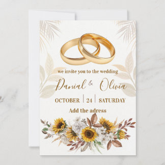Elegante goldene Ringe Sonnenblume Aquarell Hochze Einladung