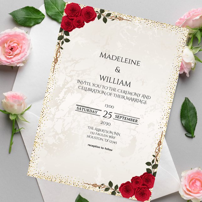 Elegante goldene romantische Rote Rosen Hochzeit Einladung (Von Creator hochgeladen)