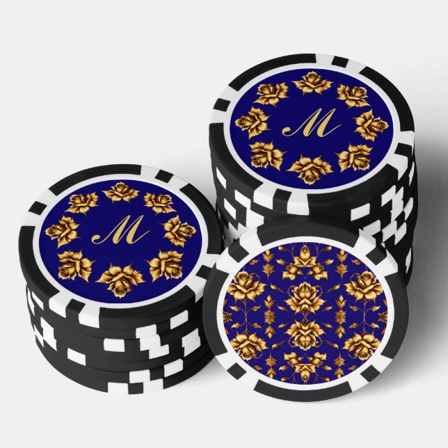 Elegante goldene Rose auf königsblau, Monogramm Pokerchips (Stapel)