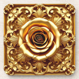 Elegante goldene Rose mit aufwendigem Zierrahmen Getränkeuntersetzer