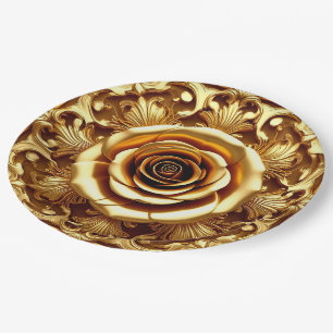 Elegante goldene Rose mit aufwendigem Zierrahmen Pappteller